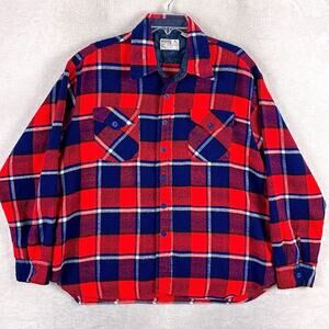 Vintage Montgomery Ward Shirt Mens XL Red Blue Plaid Flannel Outdoors 70s 80s